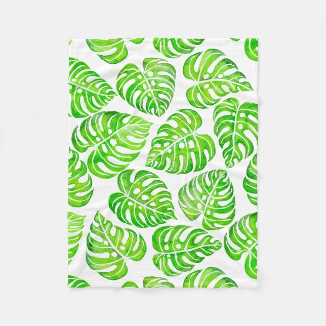 Monstera verlasse Aquarell Fleecedecke (Vorderseite)