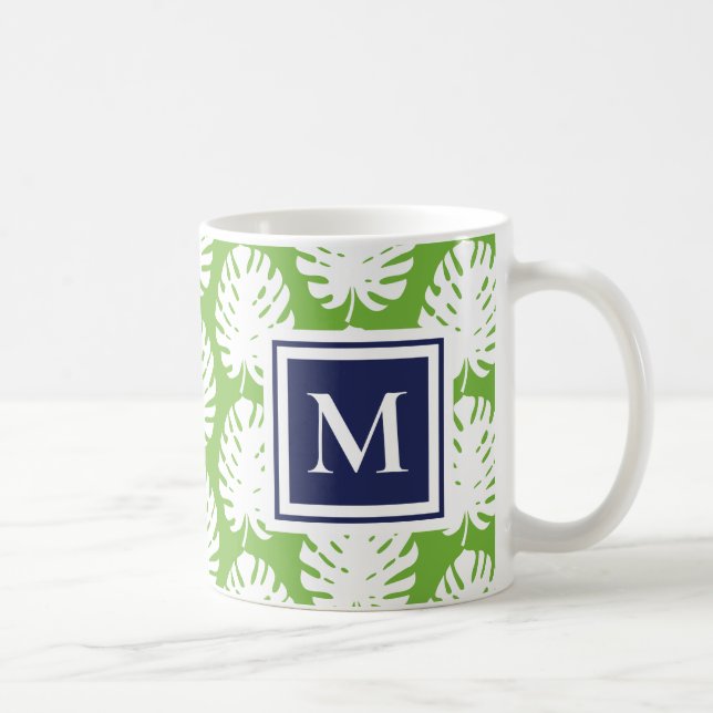 Monstera Verlasse Grüne Marine Moderne Monogram Co Kaffeetasse (Rechts)