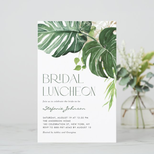 Monstera Verlasse Summer Bridal Luncheon Einladung (Stehend Vorderseite)