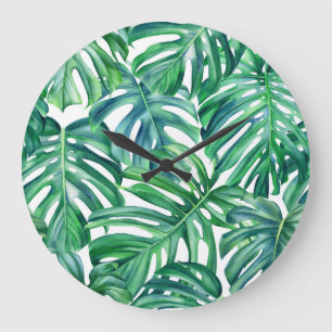 Monstera Verlasse: Watercolor Jungle Pattern. Große Wanduhr