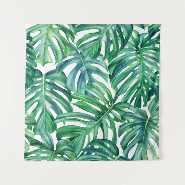 Monstera Verlasse: Watercolor Jungle Pattern. Wandteppich (Vorderseite)