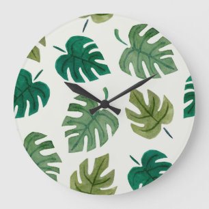 Monstera Wasserfarbe: Grüne Nahtlose Textur. Große Wanduhr