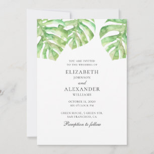 Monstera. Wasserfarbe Grüne tropische Hochzeit Einladung