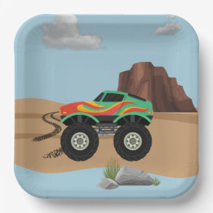 Monsterräder, orange, gelb, grünes Papier, Teller