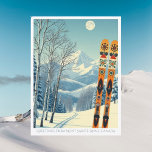 Mont Sainte-Anne Canada ski vacation Postcard Postkarte<br><div class="desc">Hello from the snowy mountains of Mont Sainte-Anne Canada! We hope you're having a wonderful ski vacation. This postcard features a gorgeous blue-grey mountain landscape with retro ski boards in an orange tribal pattern.
All the text phrases can be customized to suit you!</div>