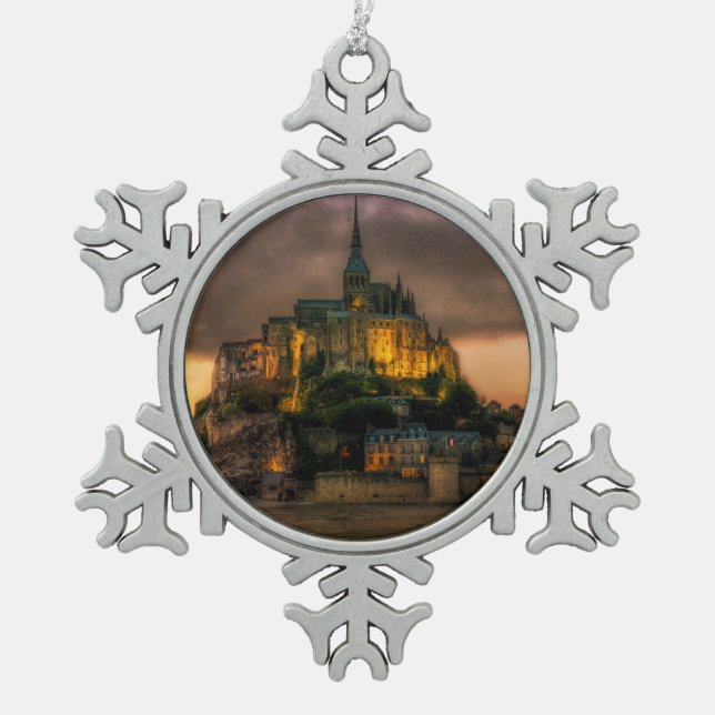 Mont St Michel Island Kirche Normandie Schneeflocken Zinn-Ornament (Vorderseite)