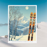 Mont Tremblant Quebec Canada ski area Postcard Postkarte<br><div class="desc">Hello from the snowy mountains of Mont Tremblant Quebec Canada! We hope you're having a wonderful ski vacation. This postcard features a gorgeous blue-grey mountain landscape with retro ski boards in an orange tribal pattern.
All the text phrases can be customized to suit you!</div>