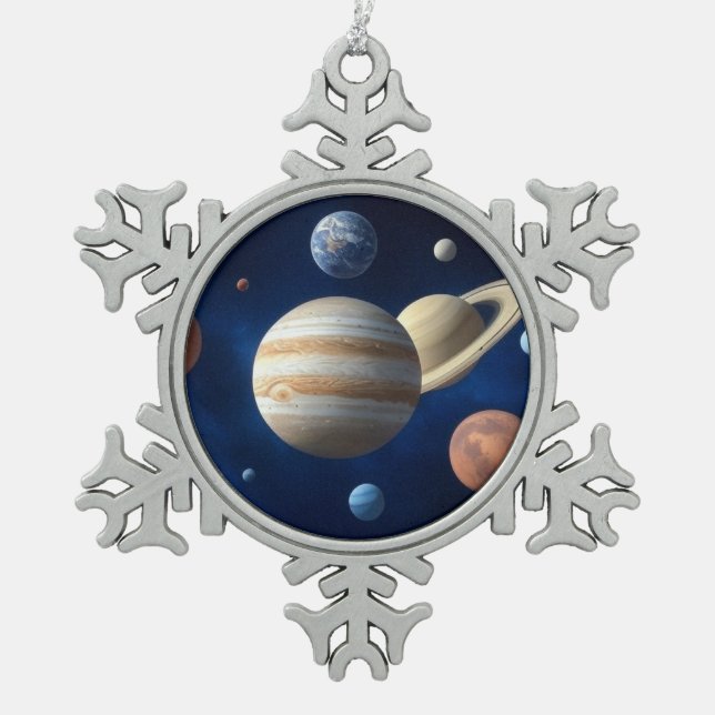 Montage des Sonnensystems Schneeflocken Zinn-Ornament (Vorderseite)