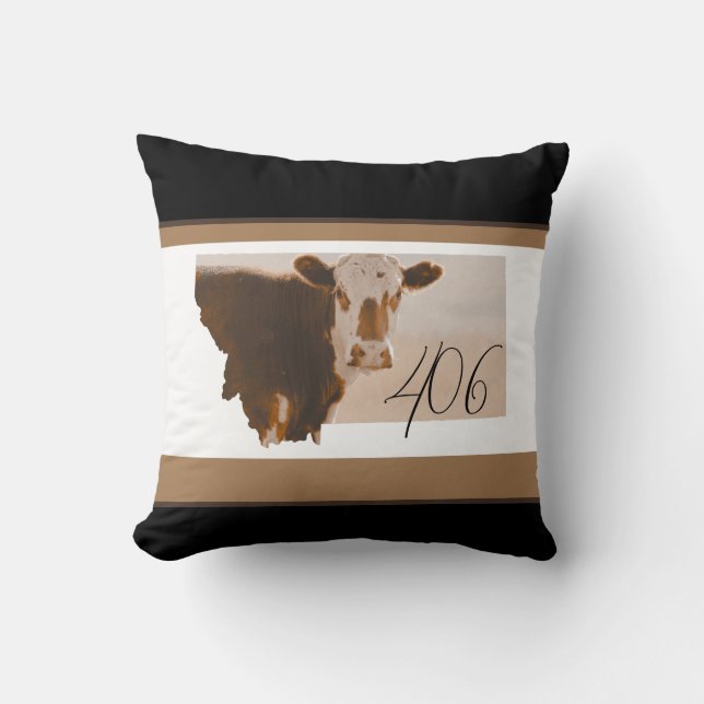 Montana 406 Brown and White Cow Throw Pillow Kissen (Vorderseite)