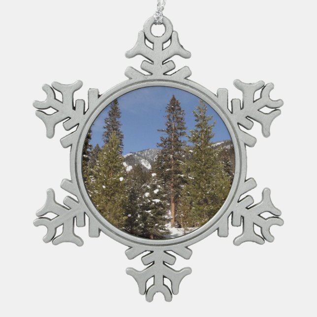 Montana Bergbahnen im Winter Landschaftsbild Foto Schneeflocken Zinn-Ornament (Vorderseite)