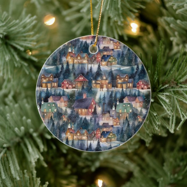 Montana Christmas in Midnight Street Watercolor Keramik Ornament (Baum)
