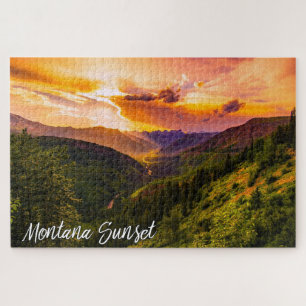 Montana-Sonnenuntergang-Gebirgstal-Fluss und Bäume Puzzle