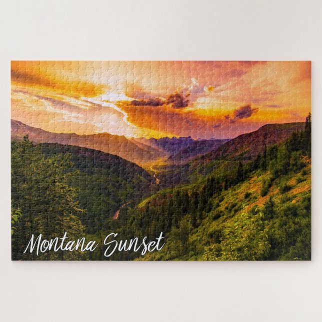 Montana-Sonnenuntergang-Gebirgstal-Fluss und Bäume Puzzle (Horizontal)