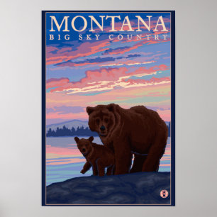 MontanaMomma Bär und Cub Vintage Reisen Poster
