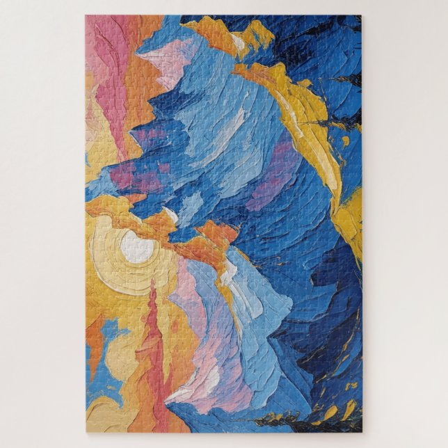 Montañas al amanecer con resplandor puzzle (Vertikal)