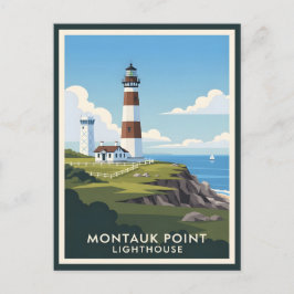 Montauk Point Lighthouse, Coastal Cliff & Sailboat Postkarte
