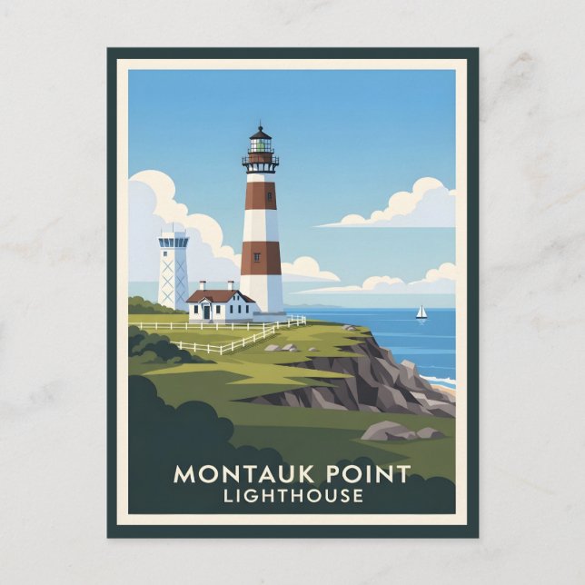 Montauk Point Lighthouse, Coastal Cliff & Sailboat Postkarte (Vorderseite)