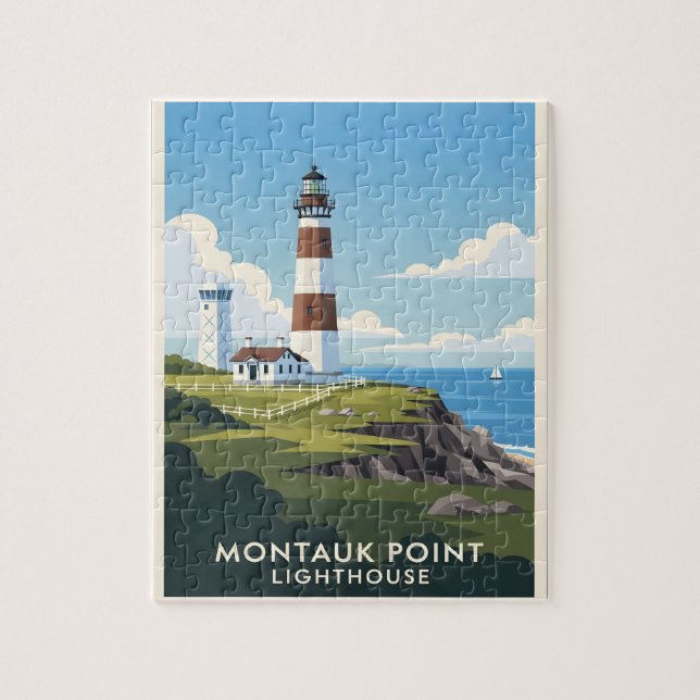 Montauk Point Lighthouse, Coastal Cliff & Sailboat Puzzle (Vertikal)