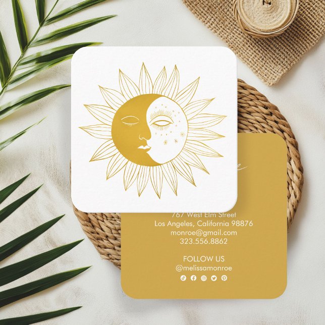 Monte San Giorgio Quadratische Visitenkarte (Sun & Moon Boho Line Art Elegant Gold Social Icons Square Business Card
)
