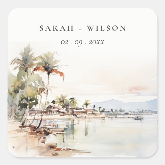 Montego Bay Jamaica Wasserfarbenwelt Hochzeit Quadratischer Aufkleber (Vorderseite)