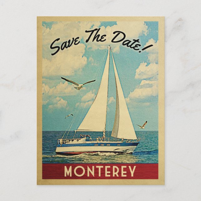 Monterey Save the Date Sailboat Nautical Ankündigungspostkarte (Vorderseite)