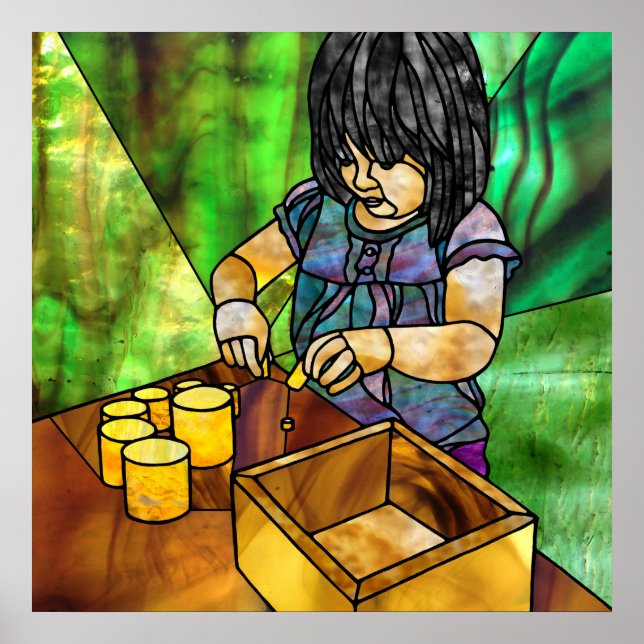 Montessori Sensorial: Gelbe, knobellose Zylinder Poster (Vorne)