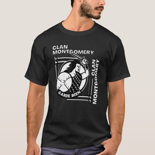 Montgomery Clan Gaelic Motto Swordsman T-Shirt (Vorderseite)