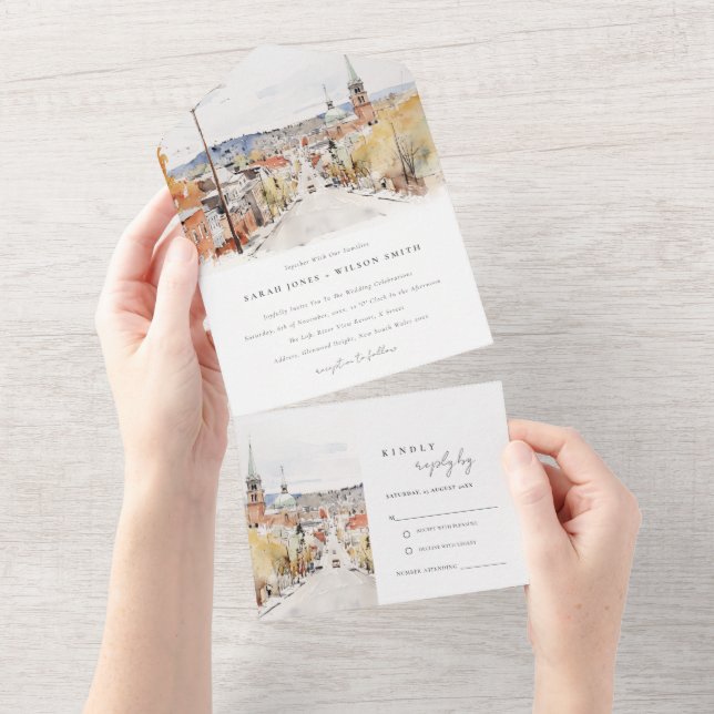 Montpelier City Scape Vermont Wasserfarbenhochzeit All In One Einladung (Abreißtisch)