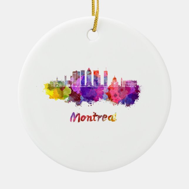 Montreal V2 Skyline in Aquarellfarben-Spritzern Keramik Ornament (Vorne)