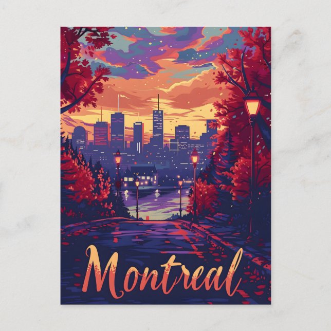 Montrealer Nächte: Stadtläden und Lila Wolken Postkarte (Vorderseite)