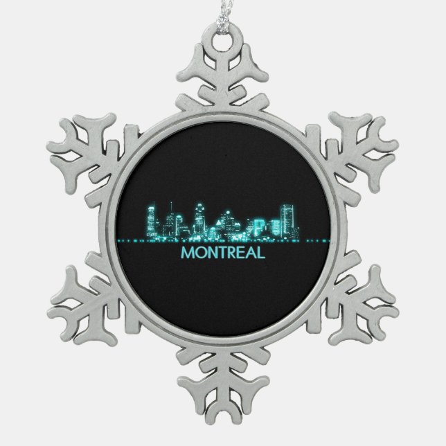 Montrealer Skyline Schneeflocken Zinn-Ornament (Vorderseite)