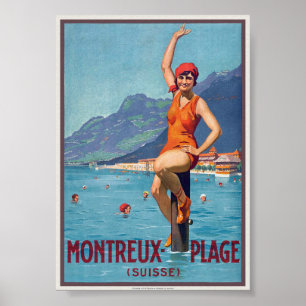 Montreux Plage Suisse Vintage Poster ca. 1920