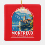 Montreux Schweiz Reisen Vintag Keramikornament<br><div class="desc">Montreux Retrovektor-Reisedesign. Montreux ist ein traditionsreicher Ferienort am Genfersee. Zwischen steilen Hügeln und dem Seeufer gelegen.</div>