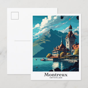 Montreux Schweiz Vintage Reiseillustration Postkarte