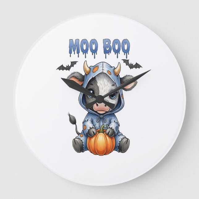 Moo Boo Halloween-Kuh Große Wanduhr (Vorderseite)