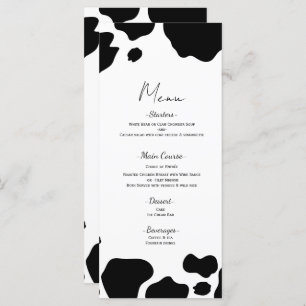 Moo Cow Spots Drucken Schwarz-weißes Hochzeitmenü Menükarte