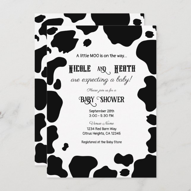 Moo Cow Spots Print Black & White Baby Dusche Einladung (Vorne/Hinten)