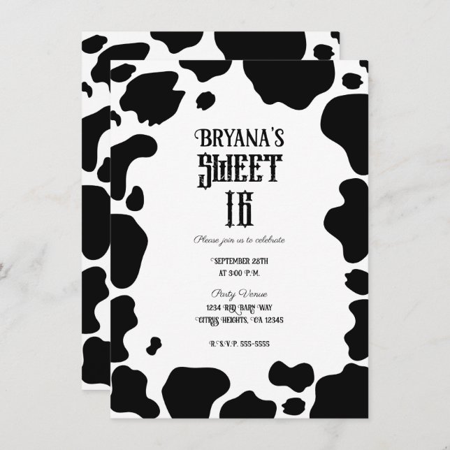 Moo Cow Spots Print Black & White Rustic Sweet 16 Einladung (Vorne/Hinten)