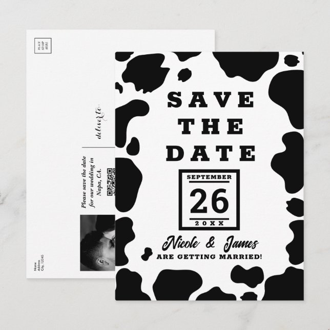 Moo Cow Spots Save the Date schwarz und weiß druck Ankündigungspostkarte (Vorne/Hinten)