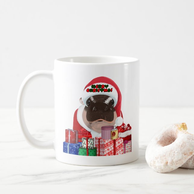 Moo Deng Hippo für frohe Weihnachten Kaffeetasse (Mit Donut)