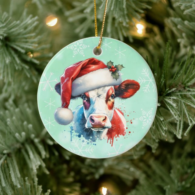 Moo-ey Christmas | Kuh in Weihnachtsmannmütze Keramik Ornament (Baum)