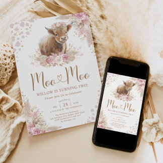 Moo Moo Boho Pampas Rose Highland Cow 2. Geburtsta Einladung