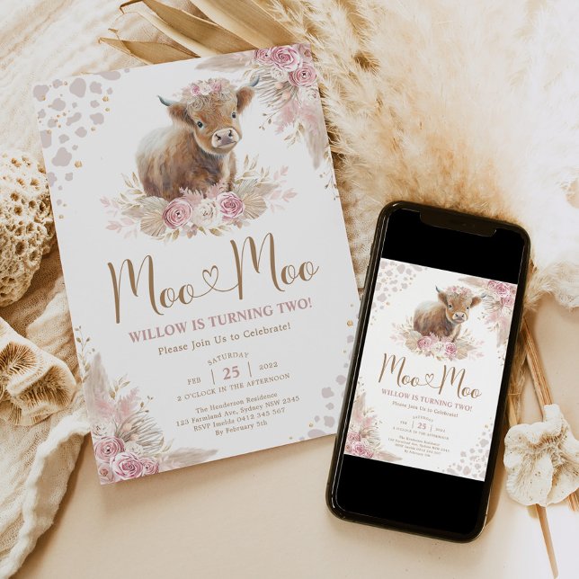 Moo Moo Boho Pampas Rose Highland Cow 2. Geburtsta Einladung (Von Creator hochgeladen)