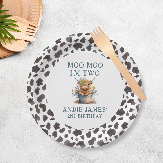 Moo Moo Ich bin zwei Kuh Print Farm Mädchen 2. Geb Pappteller (Von Creator hochgeladen)