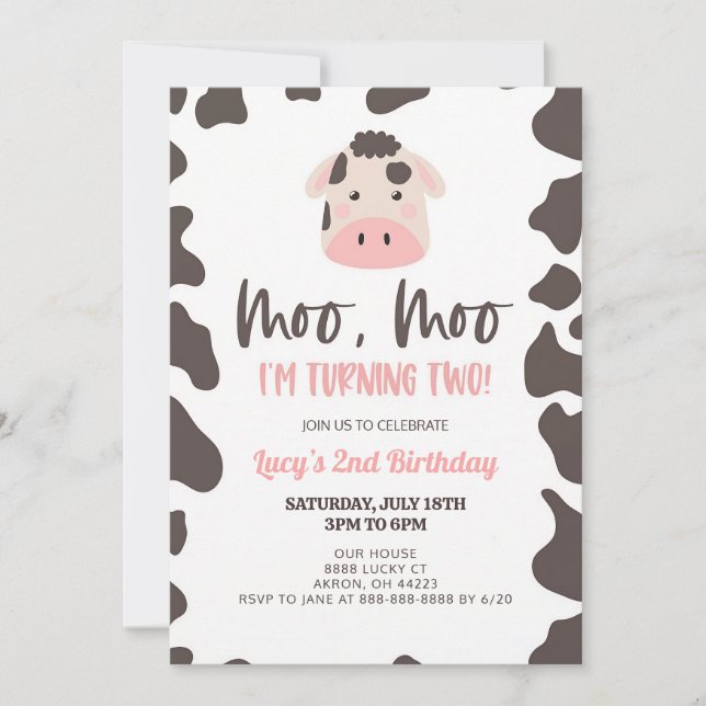 Moo Moo ich werde zwei Kuh-Geburtstag Einladung (Vorderseite)