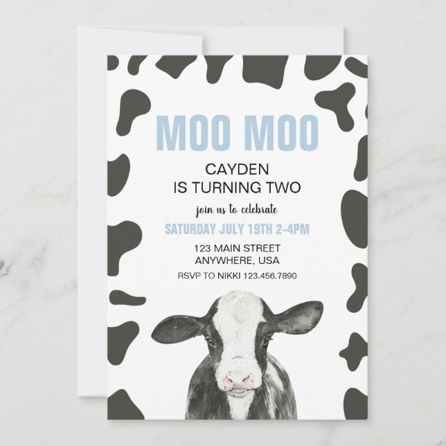Moo Moo I'm turning TWO Plaid cow 2nd Birthday Einladung (Vorderseite)