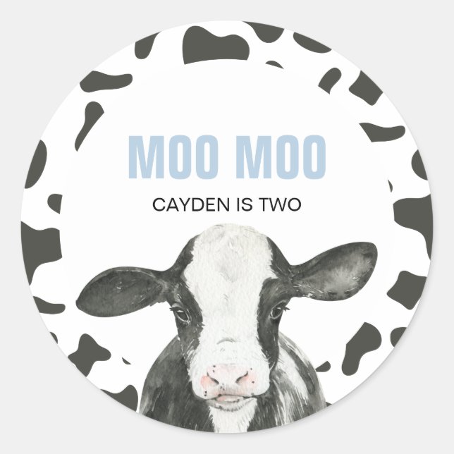 MOO MOO I'm TWO Cow Print 2nd birthday Runder Aufkleber (Vorderseite)
