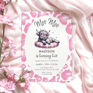 Moo Moo Pink Niedliche Kuh Mädchen 2. Geburtstag Einladung