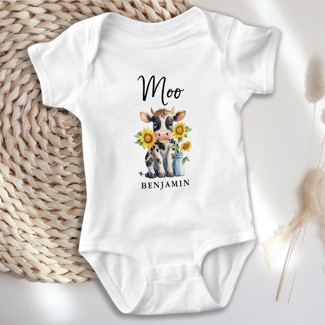 Moo Niedliche Kuh Sonnenblumen Personalisiert Baue Baby Strampler (Von Creator hochgeladen)
