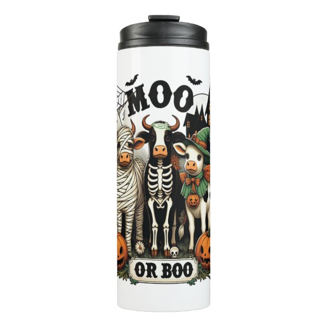 Moo oder Boo Halloween Cow Thermosbecher (Vorderseite)